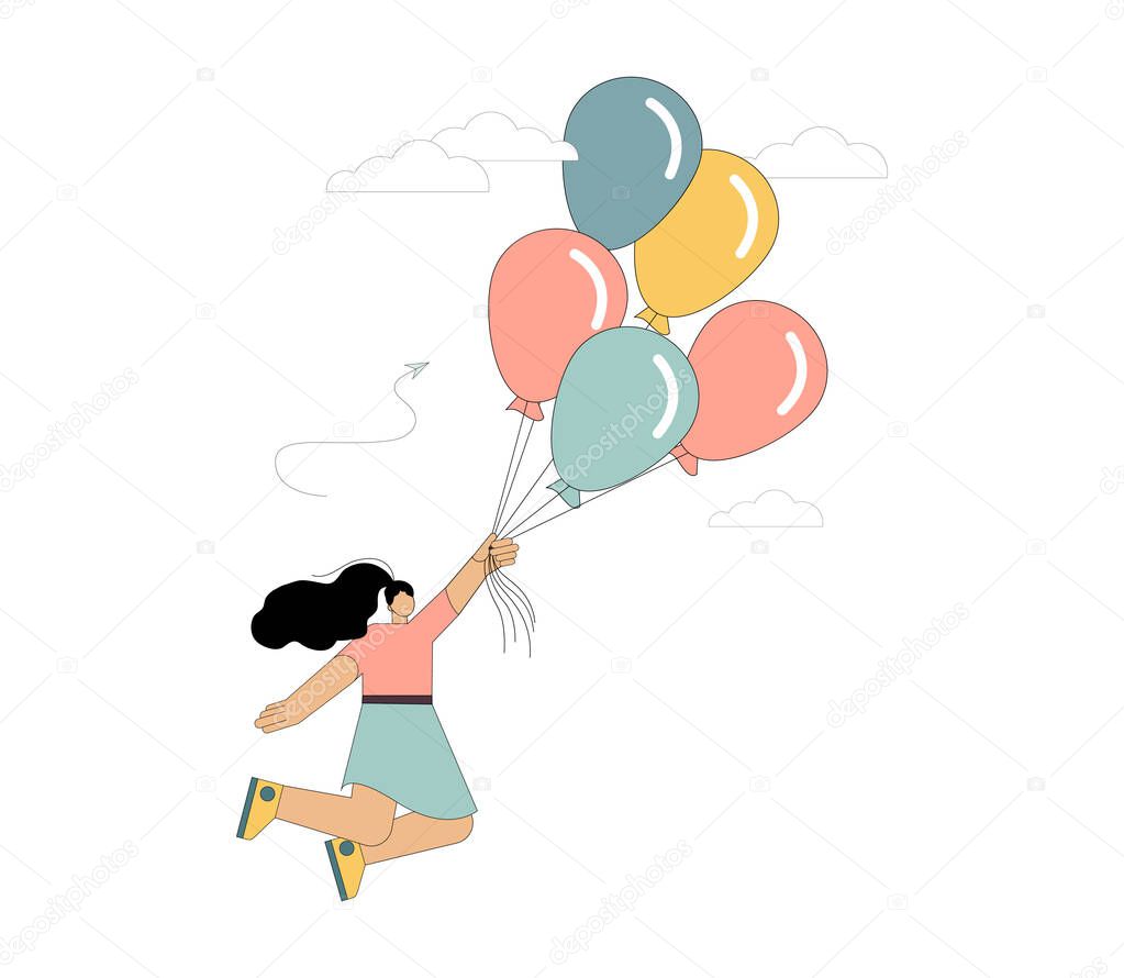 Woman flies on balloons. Flight to the dream. Vector illustration isolated on white background