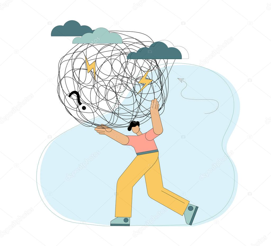 The person carries the burden of stress. Heavy burden on the shoulders. Difficulties, anxiety, crisis, work overload, big responsibility. Vector flat illustration on white background.