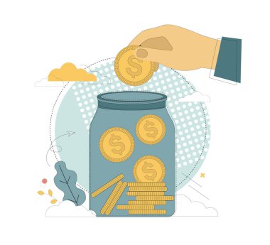 Vektör düz çizim. İçinde altın sikkeler bulunan bir kavanoz, içine bir el bozuk para koyar. Finansal tasarruf kavramı.