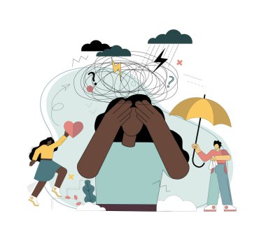 Stres yüzünden. Travma sonrası stres bozukluğu. Keder. Kaybetmenin acısı. Bir kadın, endişe ve endişe hissederek kafasını ellerinin arasına alır. İnsanlar yardım teklif ediyor. Bir psikoloğun yardımı