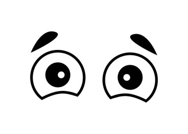 Kaşları ve burnu olan yuvarlak çizgi film gözleri. Korku duygusu. Yüzün bir parçası. Model modeller için. Tasarım ögesi.