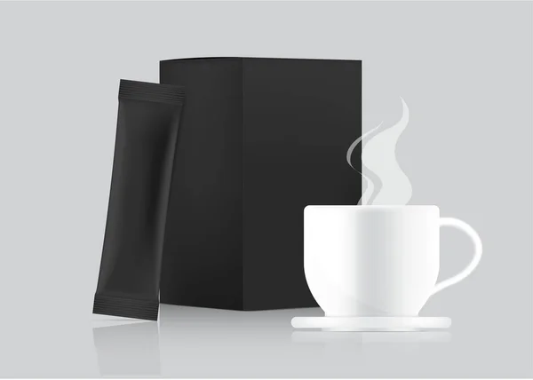 Brillante Stick Sachet Mockup Copa Con Caja Papel Aislado Sobre — Vector de stock