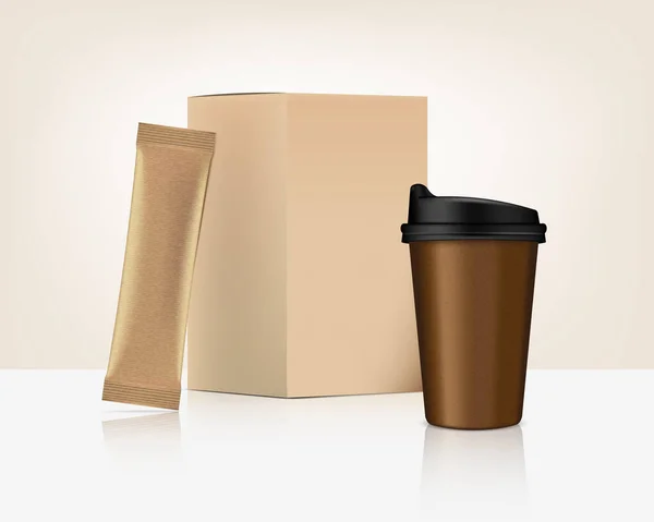 Brillante Stick Sachet Mockup Copa Con Caja Papel Aislado Sobre — Vector de stock