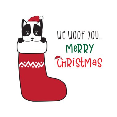 Sizi kutluyoruz Mutlu Noeller ve mutlu yıllar. Boston Terrier köpeği Gnomes alıntı tasarımı yapıyor. Tişört, tebrik kartı veya poster tasarımı için Arka plan Vektör İllüstrasyonu.