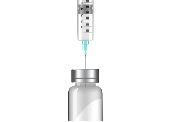 ボトルモックアップ現実的でワクチン注射器包装で白の背景に撃たれたインフルエンザ 病院のツールデザインベクトルイラスト 医学と健康の概念 — ストックベクタ