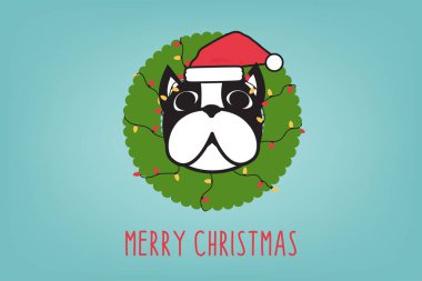 Mutlu Noeller ve mutlu yıllar. Boston Terrier köpeği ve Light Tree tasarımı. Tişört, tebrik kartı veya poster tasarımı için Arka plan Vektör İllüstrasyonu.