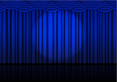 İçerisi mavi perdeli gerçekçi bir opera sahnesi ve komedi gösterisi ya da opera filmi için Spotlight. Vektör illüstrasyonu. 