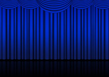 İçerisi mavi perdeli gerçekçi bir opera sahnesi ve komedi gösterisi ya da opera filmi için Spotlight. Vektör illüstrasyonu. 