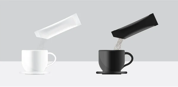 Brillante Stick Sachet Mockup Vierta Polvo Taza Agua Ilustración Vectorial — Archivo Imágenes Vectoriales