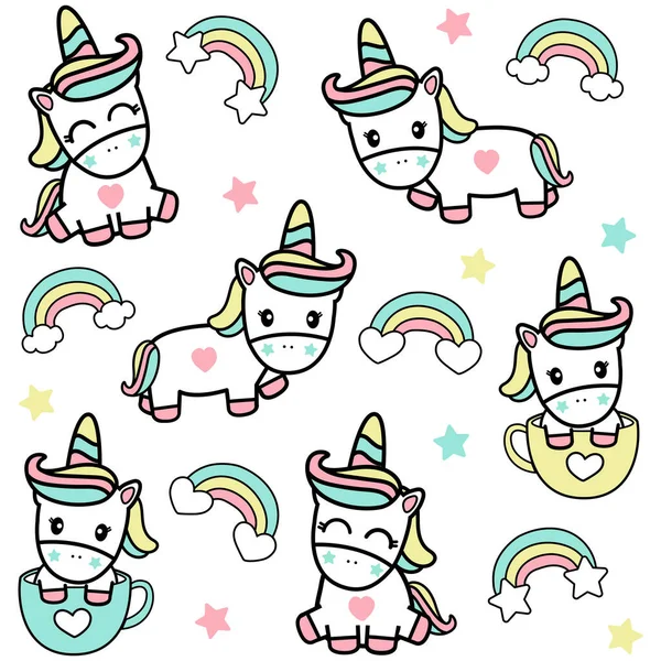 Cute Unicorn Dan Rainbow Tangan Ditarik Desain Seni Untuk Shirt - Stok Vektor