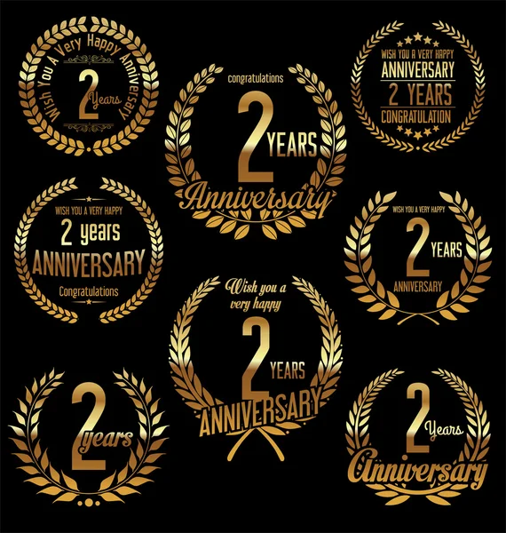 Anniversary golden laurel wreath retro vintage design 2 years — Stock Vector