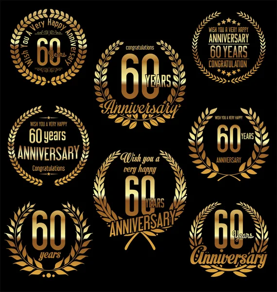 Aniversario de oro laurel corona retro vintage diseño 60 años — Vector de stock