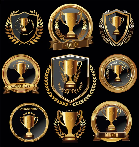 Trophée et prix collection d'insignes et étiquettes dorés — Image vectorielle