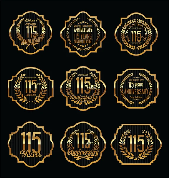 Étiquettes d'anniversaire dorées avec design vintage rétro 115 ans — Image vectorielle