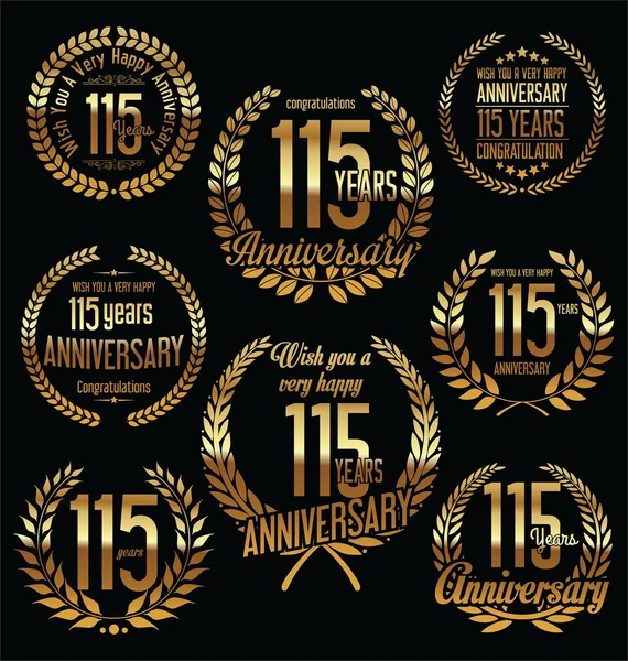 Etiquetas de aniversario de oro con diseño retro estilo vintage 115 años — Vector de stock