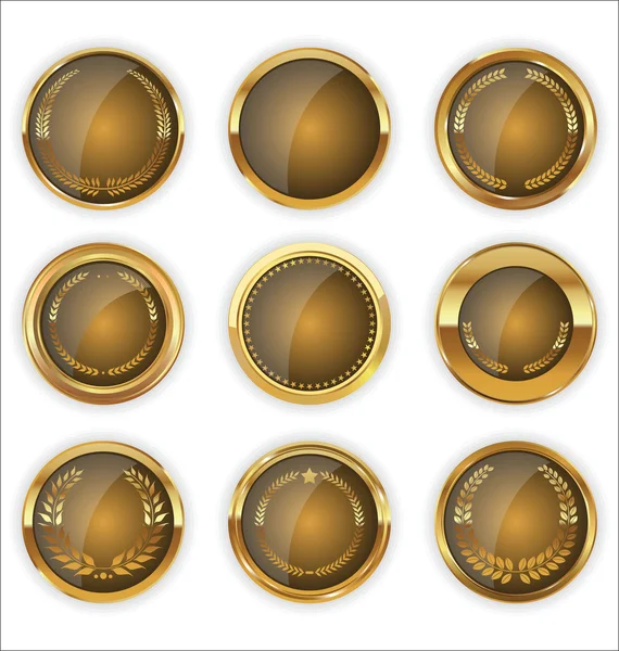 Gouden badges en etiketten met laurier krans collectie — Stockvector