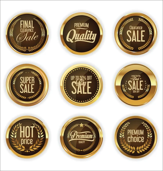 Emblemas dourados de qualidade e coleta de rótulos — Vetor de Stock
