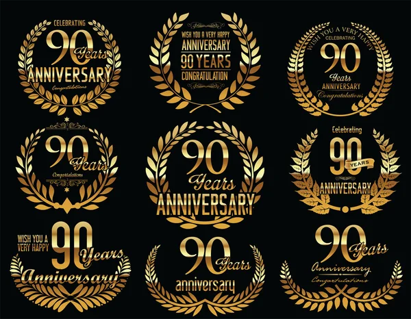 Aniversário Golden Laurel grinalda coleção vintage retro 90 anos — Vetor de Stock