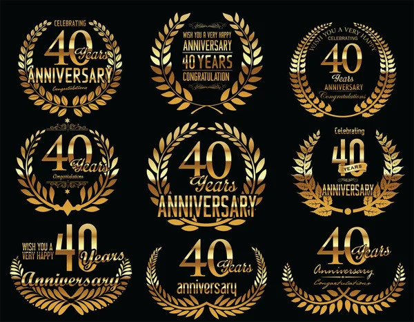 Aniversario de oro Laurel corona colección retro vintage 40 años — Archivo Imágenes Vectoriales