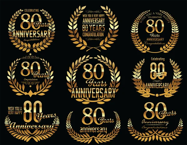 Aniversario Golden Laurel corona colección retro vintage 80 años — Vector de stock