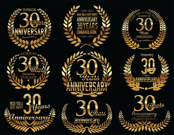 Aniversario de oro Laurel corona colección retro vintage 30 años — Archivo Imágenes Vectoriales