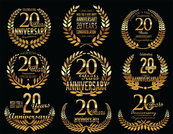 周年記念黄金月桂樹の花輪レトロ ビンテージ コレクション 20 年 — ストックベクタ