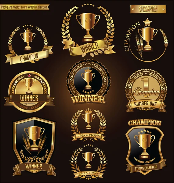 Trofeo e premi medaglie d'oro e collezione etichette — Vettoriale Stock