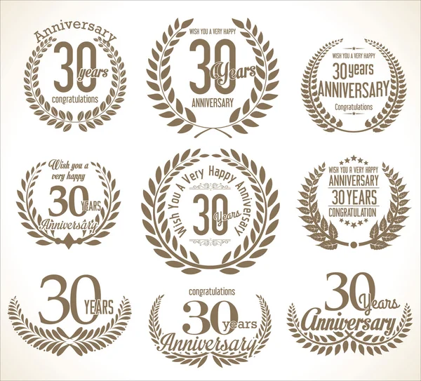 Verjaardag laurier krans retro vintage collectie 30 jaar — Stockvector