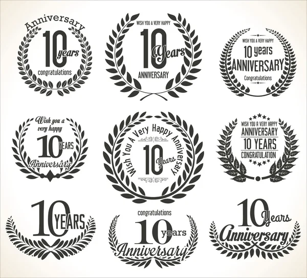 Aniversario Laurel corona colección vintage retro 10 años — Vector de stock