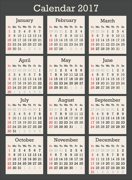 Calendário para o ano 2017 01 — Vetor de Stock