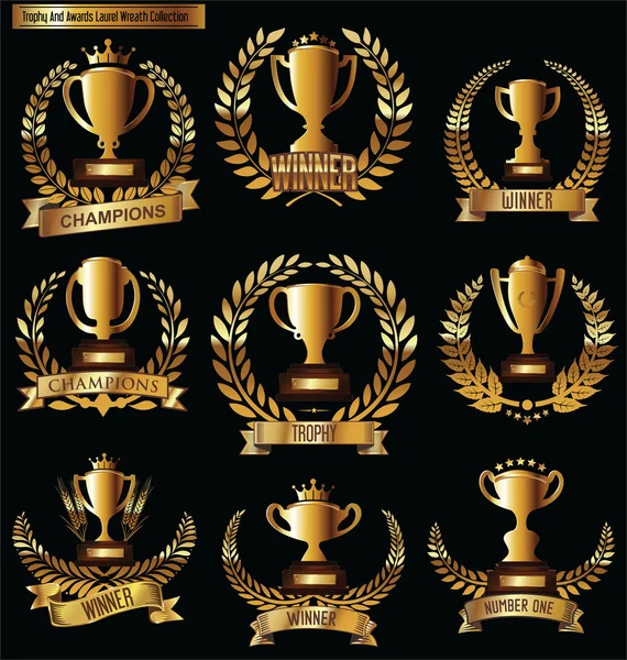 Coppe premio e icone trofeo con corone di alloro colelction — Vettoriale Stock