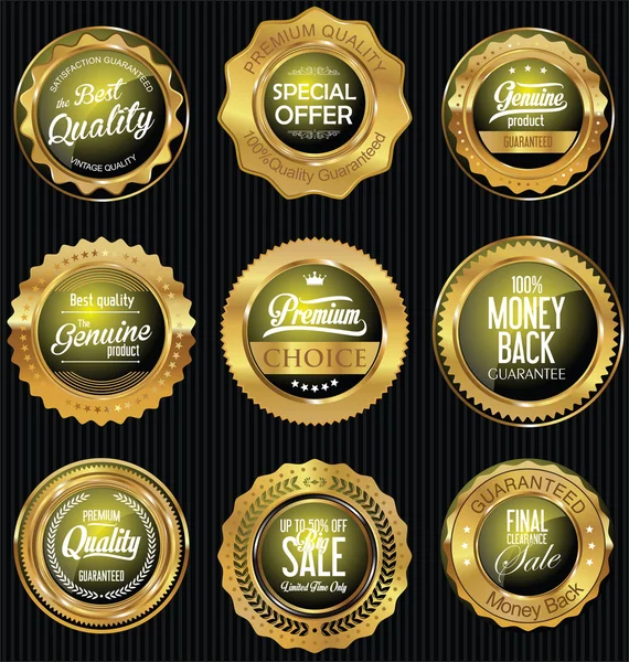 Badges dorés et étiquettes collection premium rétro — Image vectorielle