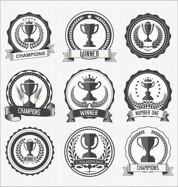 Copas de premio e iconos de trofeos con corona de laurel colelction — Vector de stock