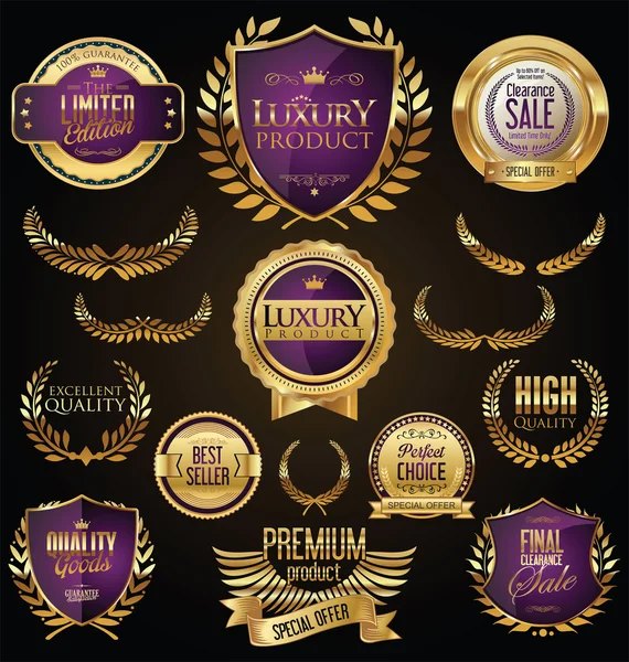 Golden venda escudos laurel grinaldas e crachás coleção — Vetor de Stock