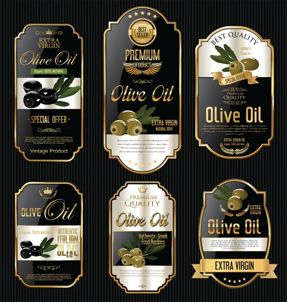 Koleksi label emas dan hitam Olive oil retro - Stok Vektor