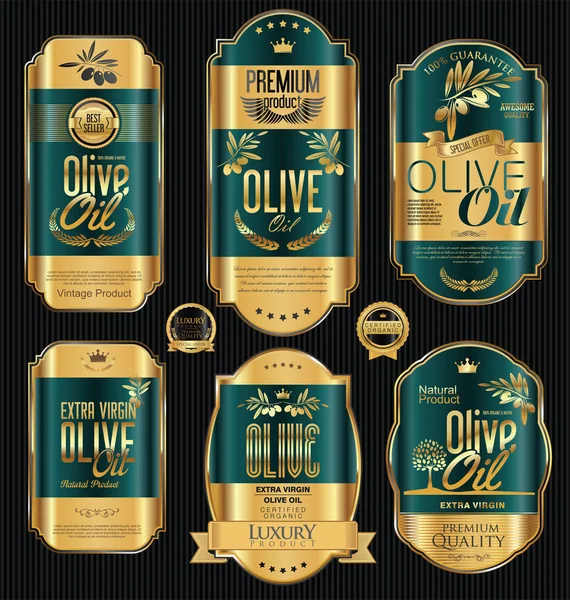 Olio d'oliva retro vintage oro e nero etichette collezione — Vettoriale Stock