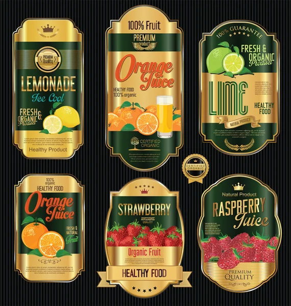 Set di frutta biologica retro vintage etichette dorate collezione — Vettoriale Stock