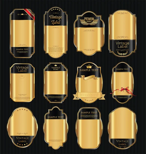 Golden venda escudos laurel grinaldas e crachás coleção — Vetor de Stock