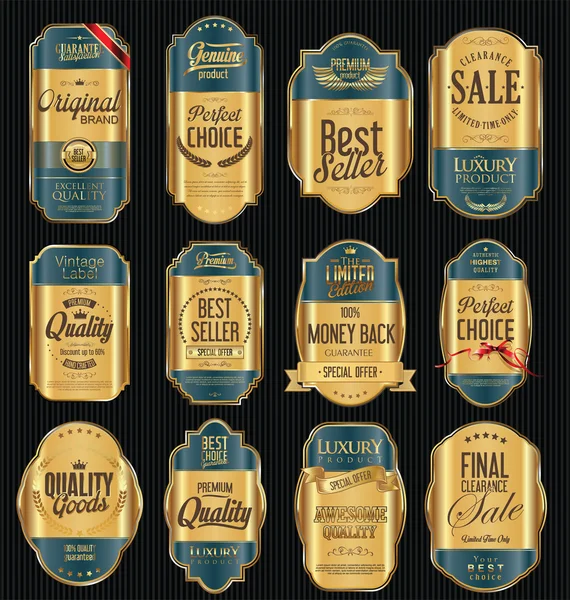 Golden vendita scudi corone di alloro e collezione di distintivi — Vettoriale Stock