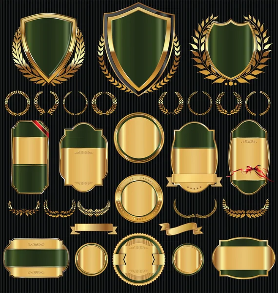 Golden sale shields laurel wreaths and badges collection — Stock Vector