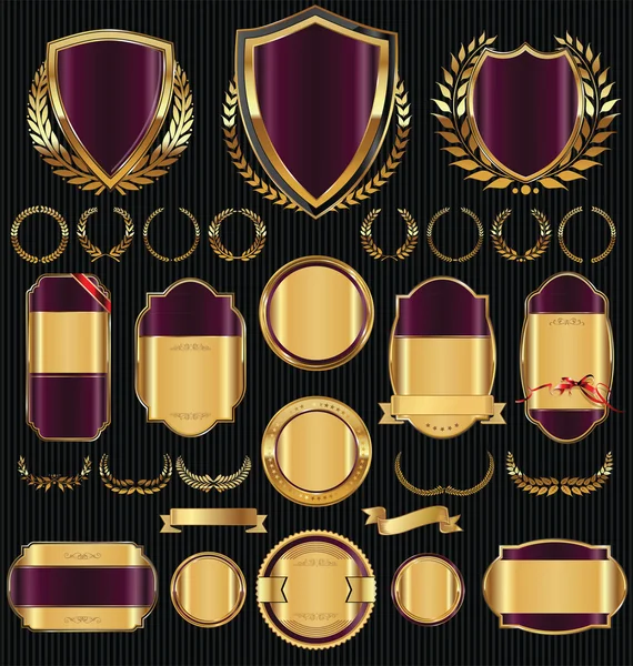 Golden sale shields laurel wreaths and badges collection — Stock Vector