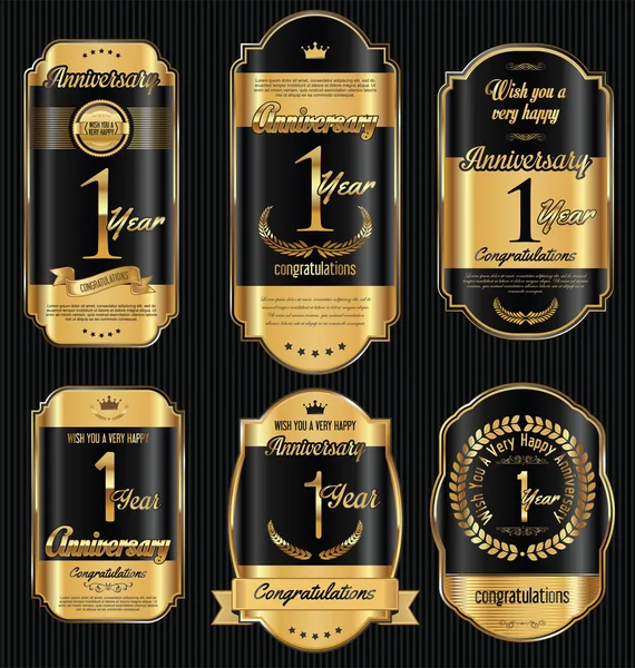 Jubiläum goldene Retro Vintage Etiketten Kollektion 1 Jahr — Stockvektor