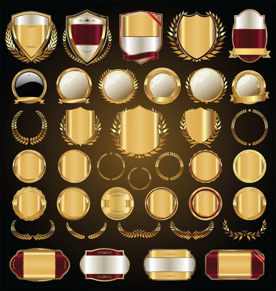 Boucliers dorés collection de couronnes et d'insignes en laurier — Image vectorielle