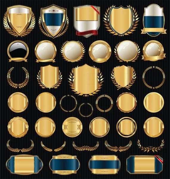 Colección de coronas de laurel y medallas de oro escudos — Archivo Imágenes Vectoriales