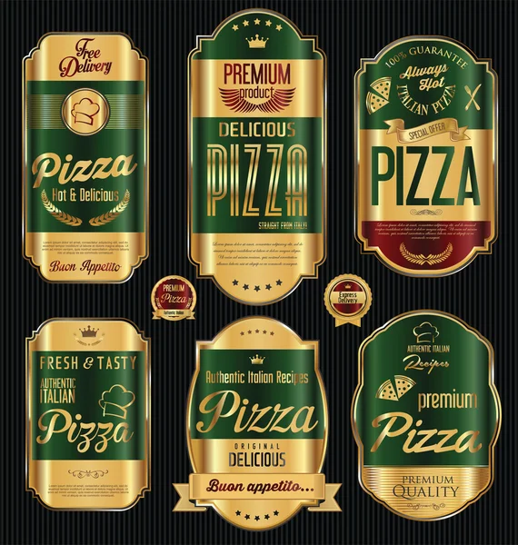 Altın lüks pizza etiketleri kümesi Vintage tarzı — Stok Vektör
