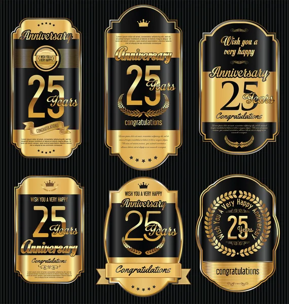 Verjaardag golden retro vintage labels-collectie 25 jaar — Stockvector