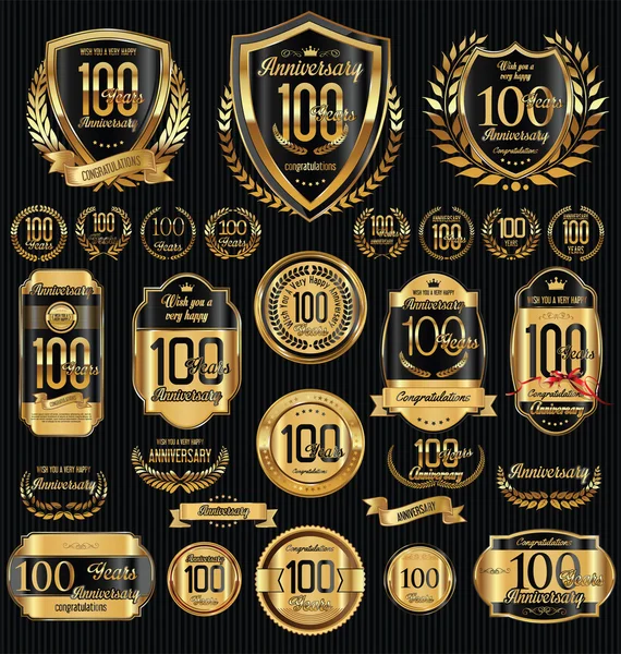 Aniversario de oro escudos coronas de laurel y colecciones de insignias — Archivo Imágenes Vectoriales