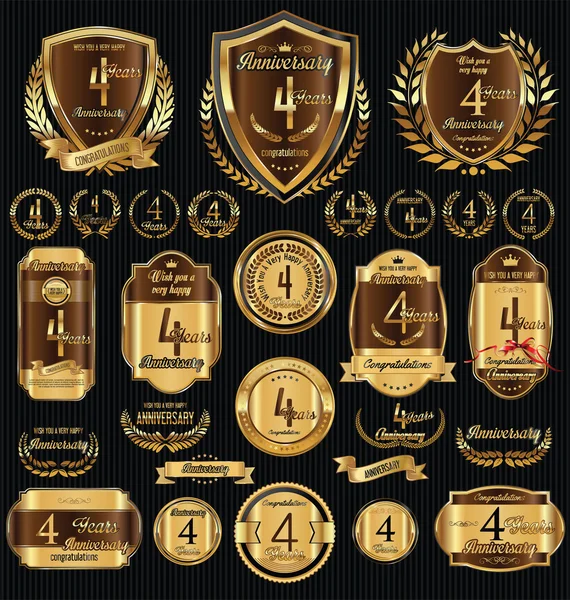 Aniversario de oro escudos coronas de laurel y colecciones de insignias — Vector de stock