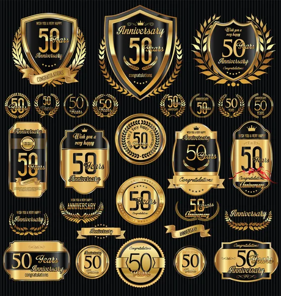 Aniversario de oro escudos coronas de laurel y colecciones de insignias — Archivo Imágenes Vectoriales