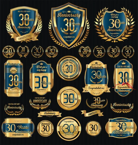 Aniversario de oro escudos coronas de laurel y colecciones de insignias — Vector de stock
